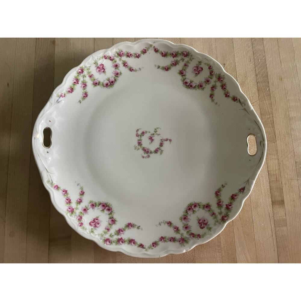 KPM Krister Germany Pink Rose Swag Cake Plate 10.5" Double-Handled Cottagecore +